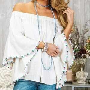 ZARA | Off Shoulder Linen Top With Flutter Sleeves - Multicolor Fringe Trim -NWT